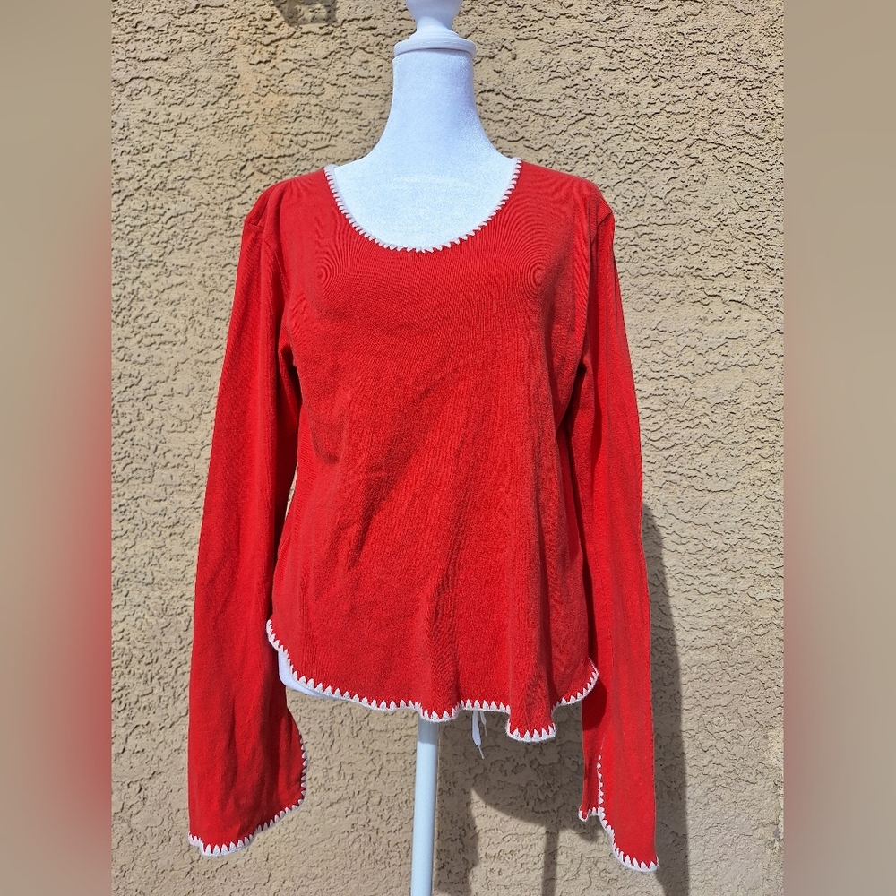 Vintage Y2k Henne (Aka H&M) Red Long BELL Sleeve Top with White Trim.